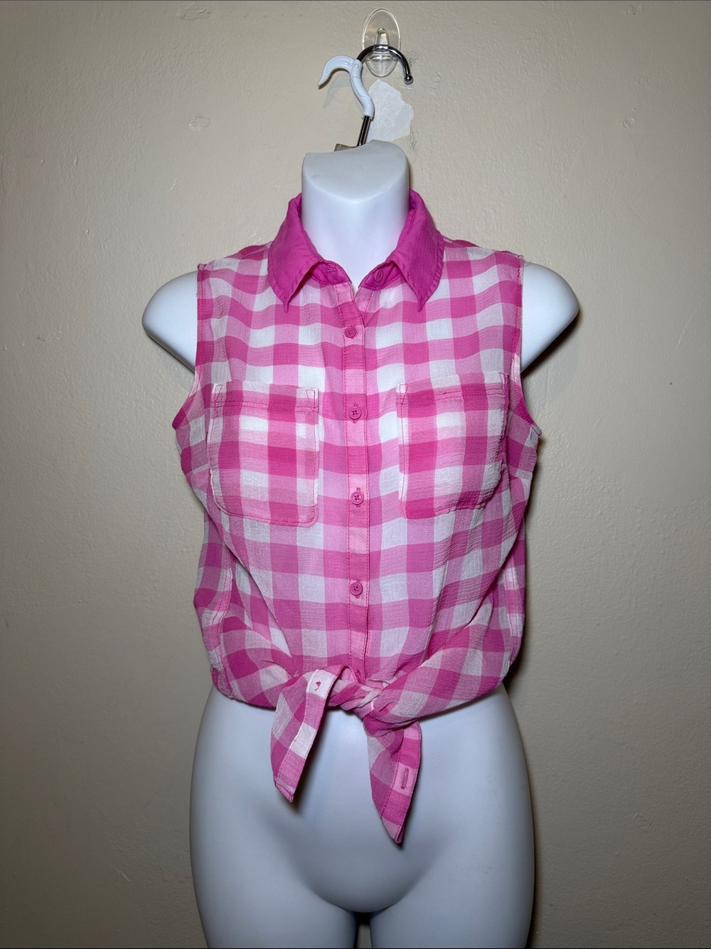 Aeropostale Pink Gingham Tie-Front Sleeveless Blouse